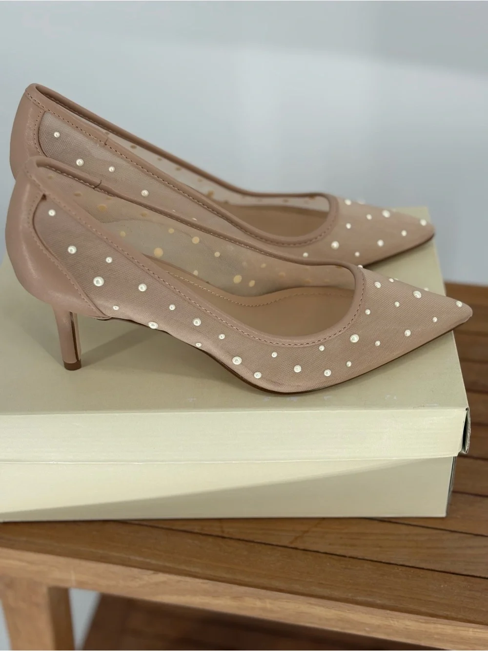 New On 34th Nude Pointed Toe Pearl-Embellished Flats size 7.5 M
